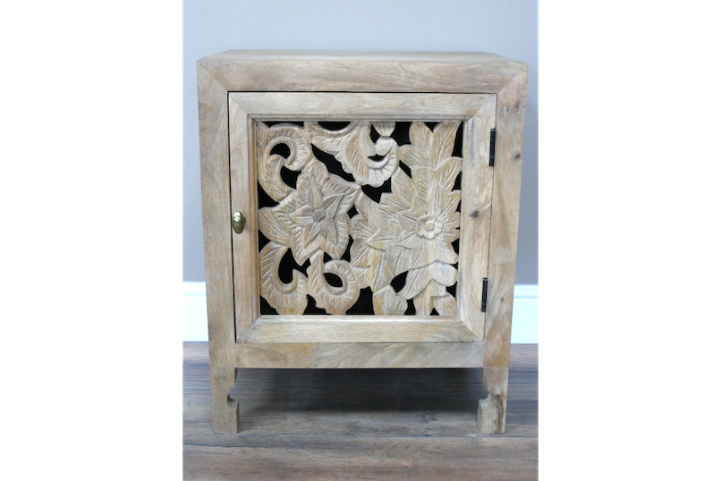 Floral Carved Mango Wood Bedside Table
