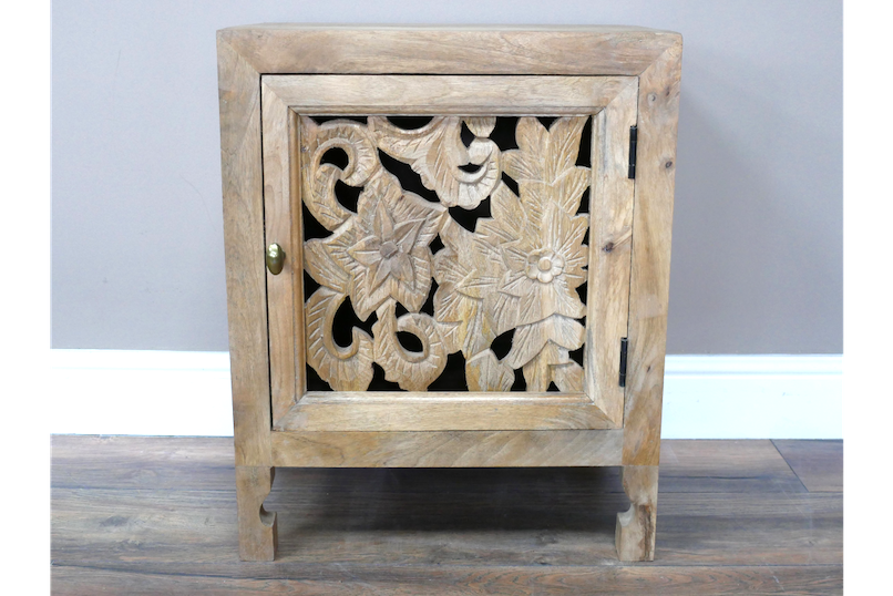 Floral Carved Mango Wood Bedside Table