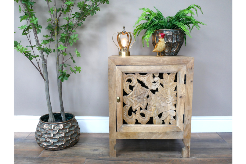 Floral Carved Mango Wood Bedside Table