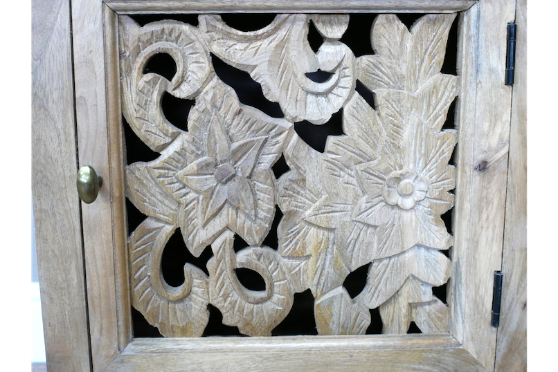 Floral Carved Mango Wood Bedside Table