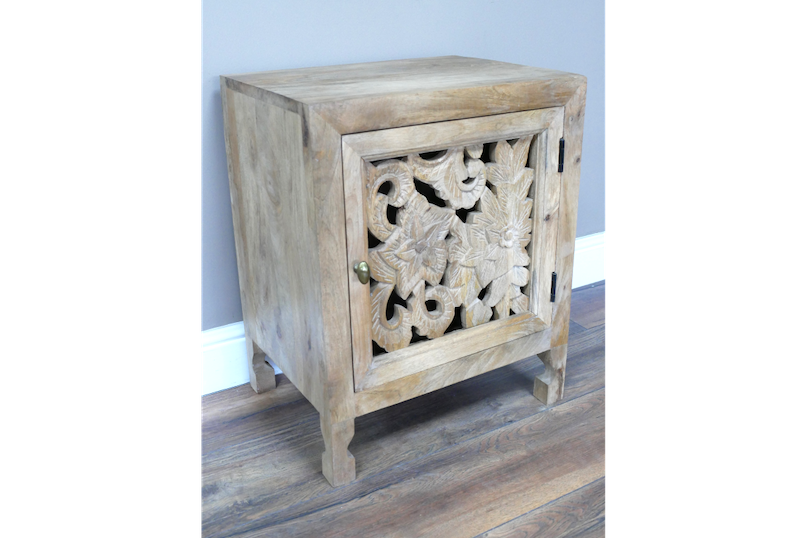 Floral Carved Mango Wood Bedside Table