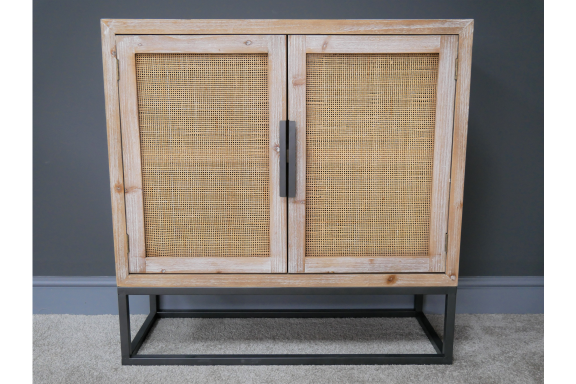Fir Wood & Wicker Rattan Cabinet
