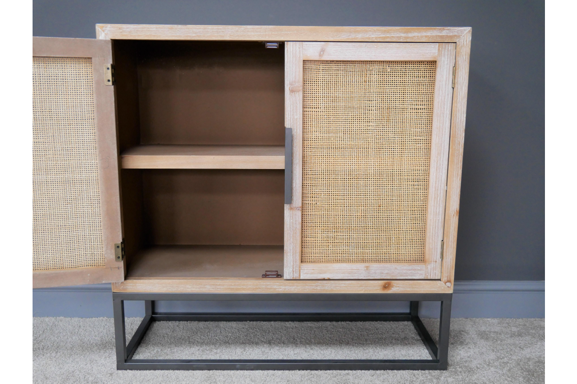 Fir Wood & Wicker Rattan Cabinet