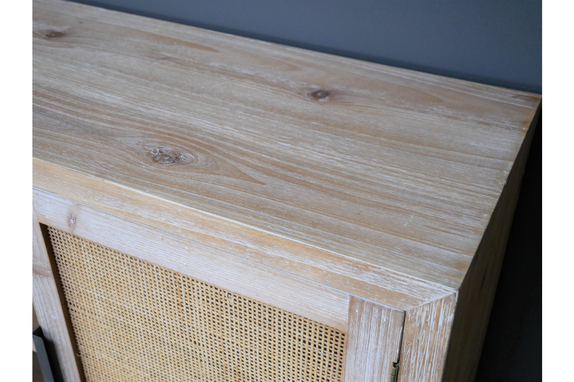 Fir Wood & Wicker Rattan Cabinet
