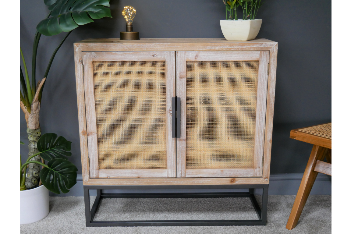 Fir Wood & Wicker Rattan Cabinet
