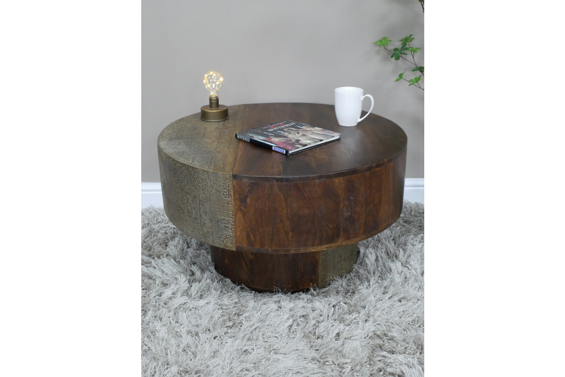 Round Mango Wood Coffee Table With Brass Detail