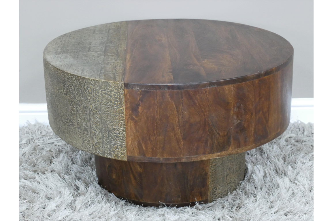 Round Mango Wood Coffee Table With Brass Detail