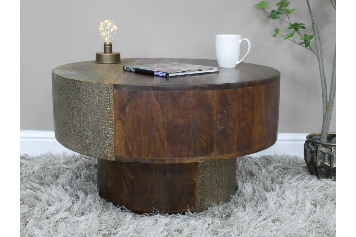 Round Mango Wood Coffee Table With Brass Detail