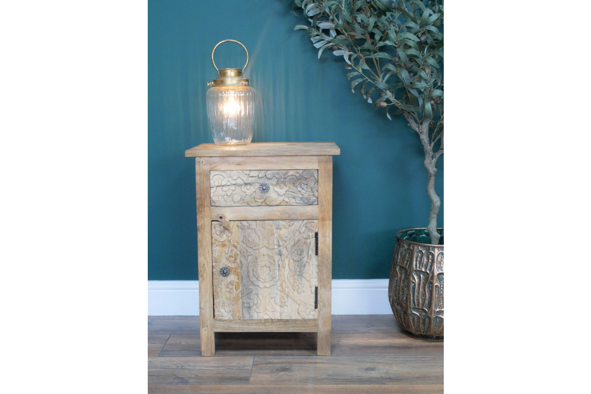 Carved Mango Wood Bedside Table