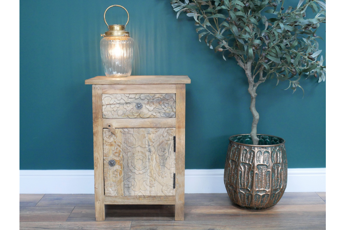 Carved Mango Wood Bedside Table