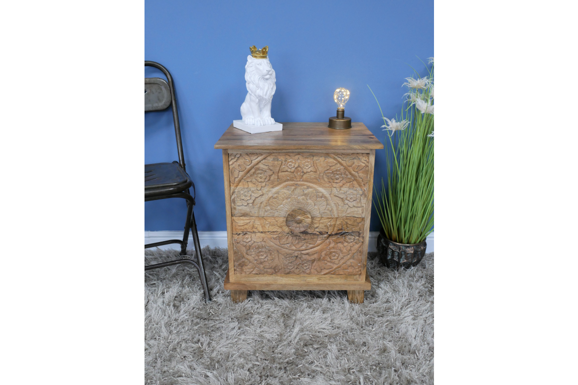 Carved Mango Wood Bedside Table With Drawers