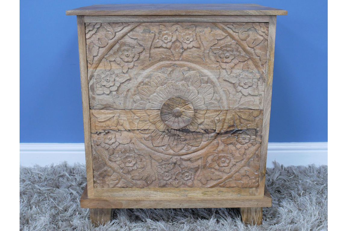 Carved Mango Wood Bedside Table With Drawers