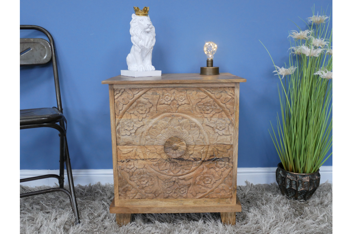 Carved Mango Wood Bedside Table With Drawers