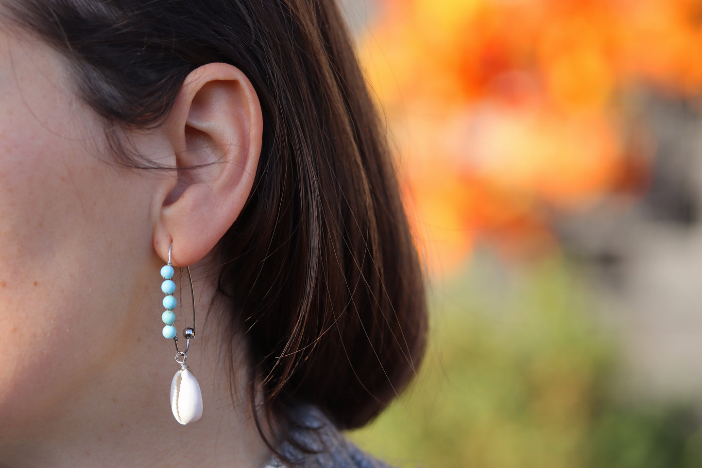Silver Cowrie Earrings With Natural Turquoise beads