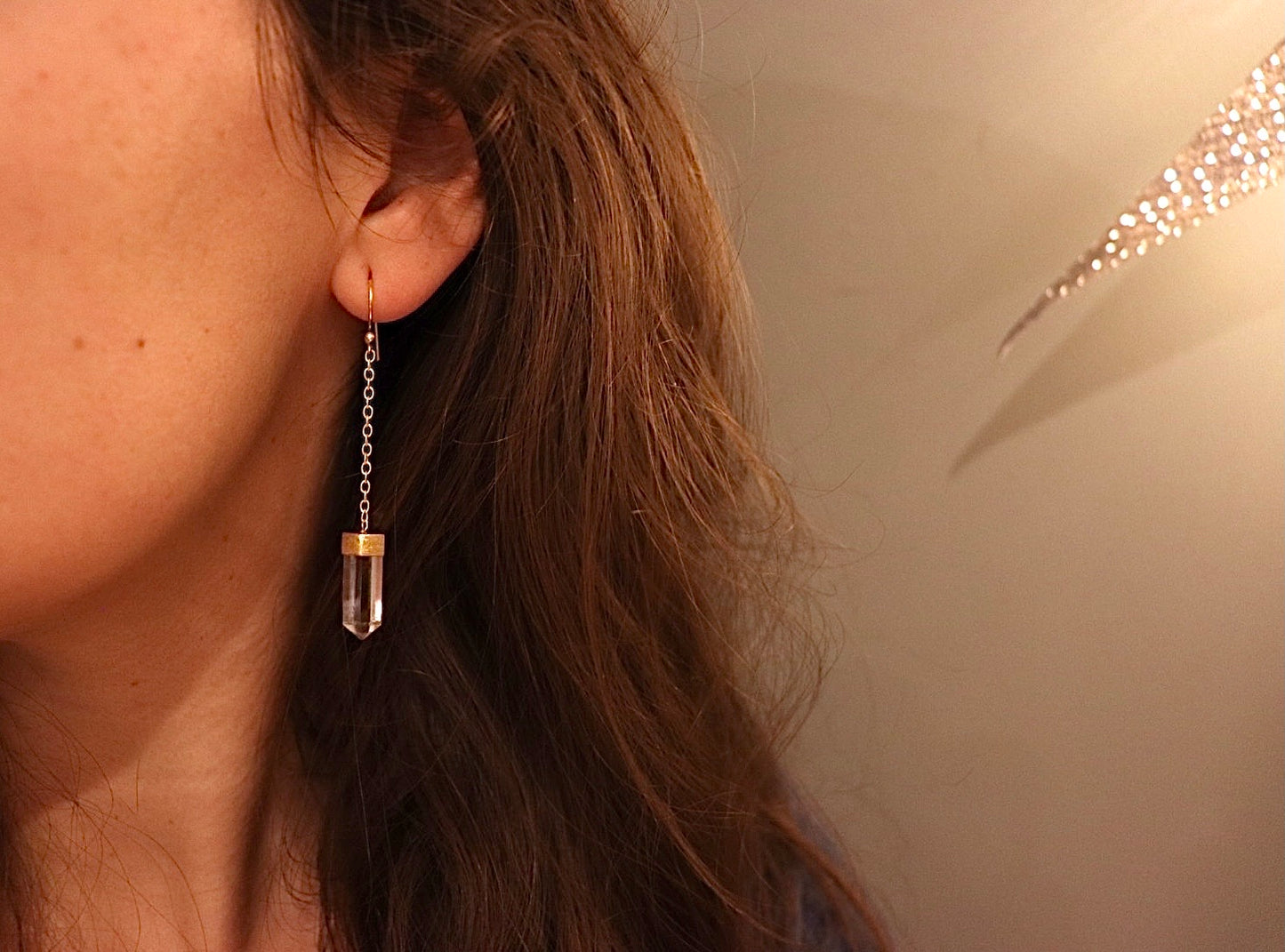 Gold Plated Clear Quartz Earrings On Chain