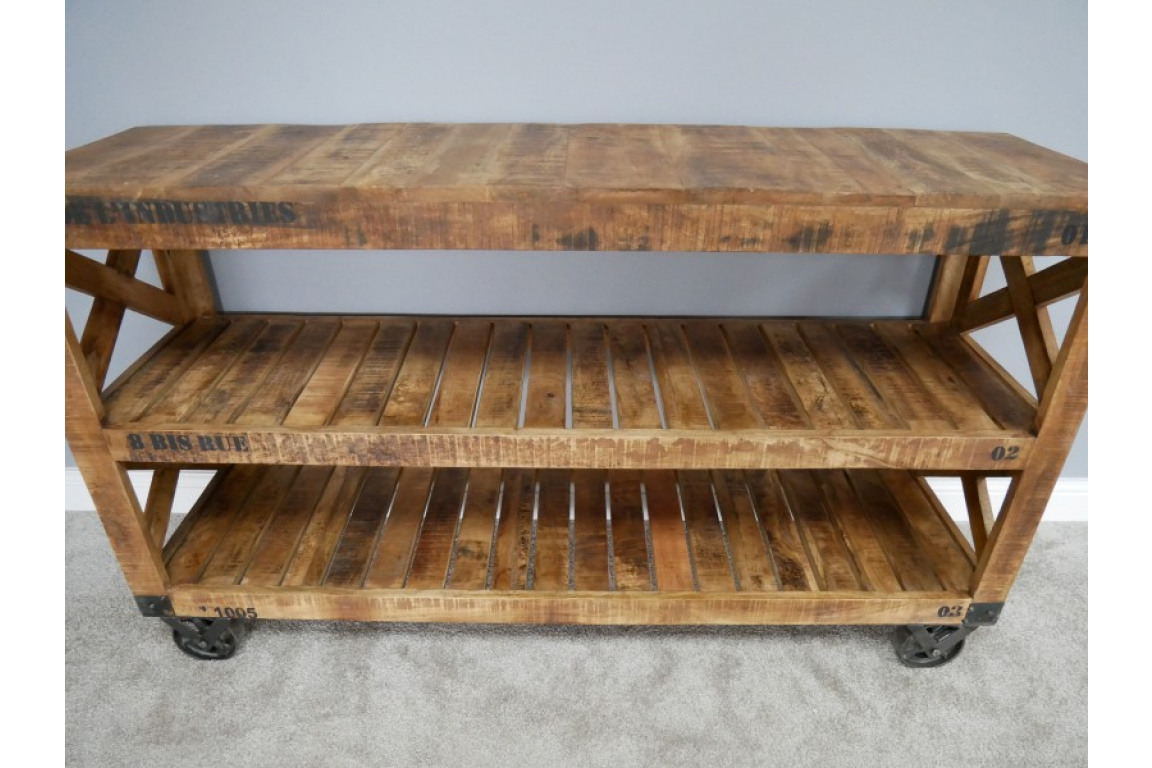 Industrial Mango Wood Sideboard on Wheels