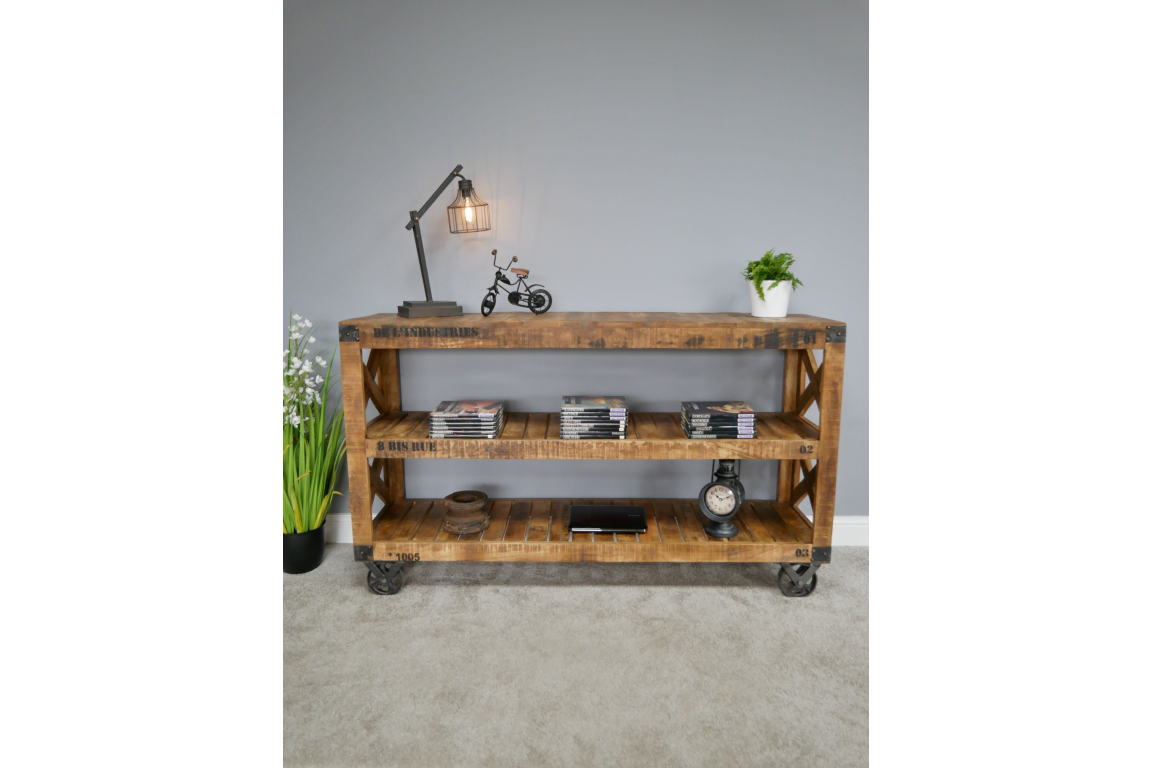 Industrial Mango Wood Sideboard on Wheels
