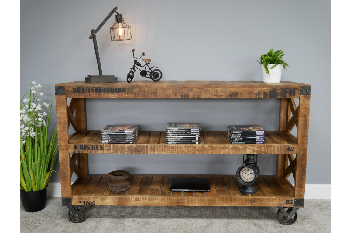 Industrial Mango Wood Sideboard on Wheels