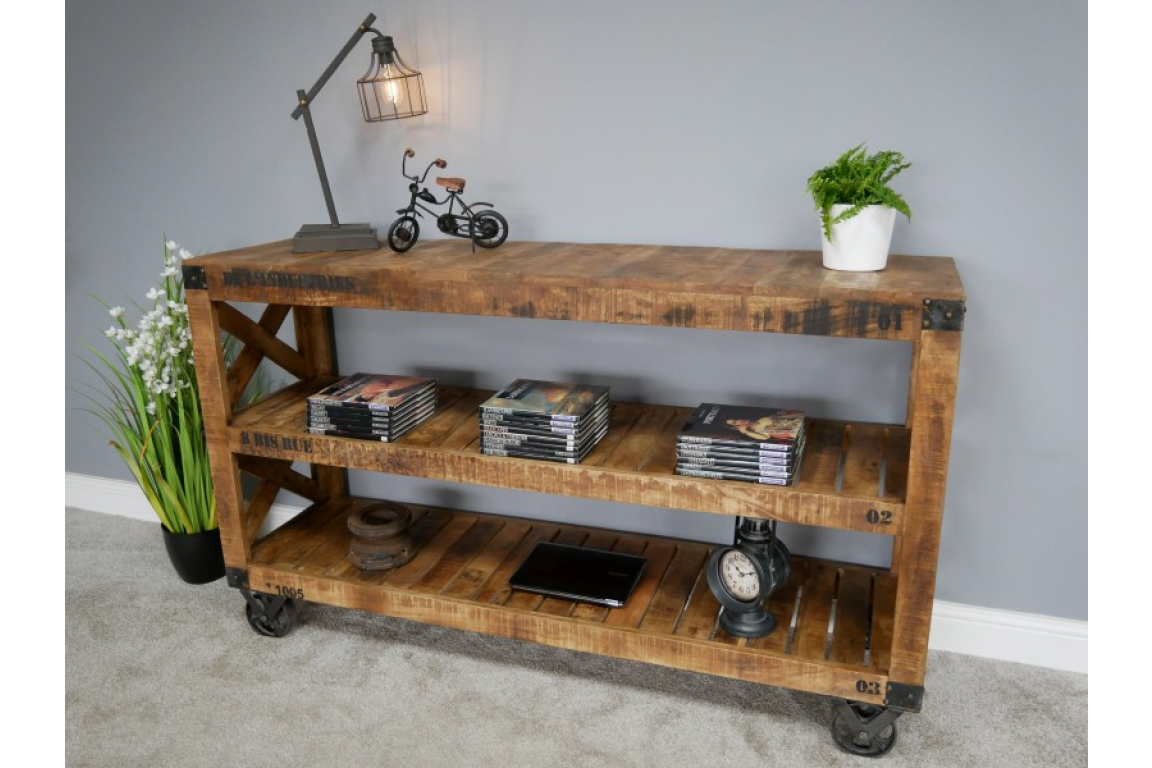 Industrial Mango Wood Sideboard on Wheels