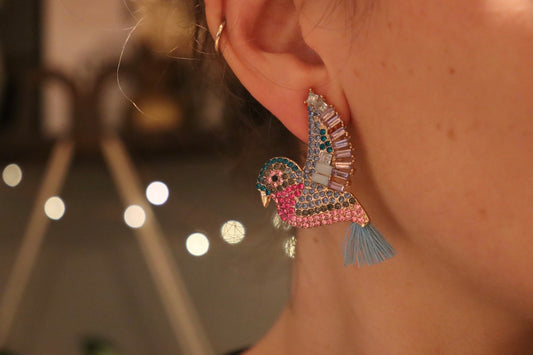 Bird Earrings With Blue Tassel Tail