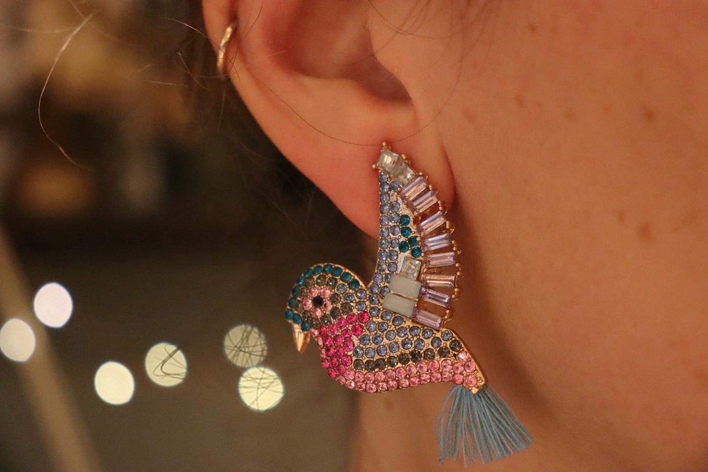 Bird Earrings With Blue Tassel Tail