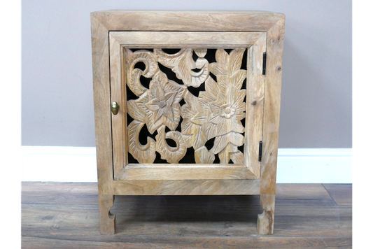 Floral Carved Mango Wood Bedside Table