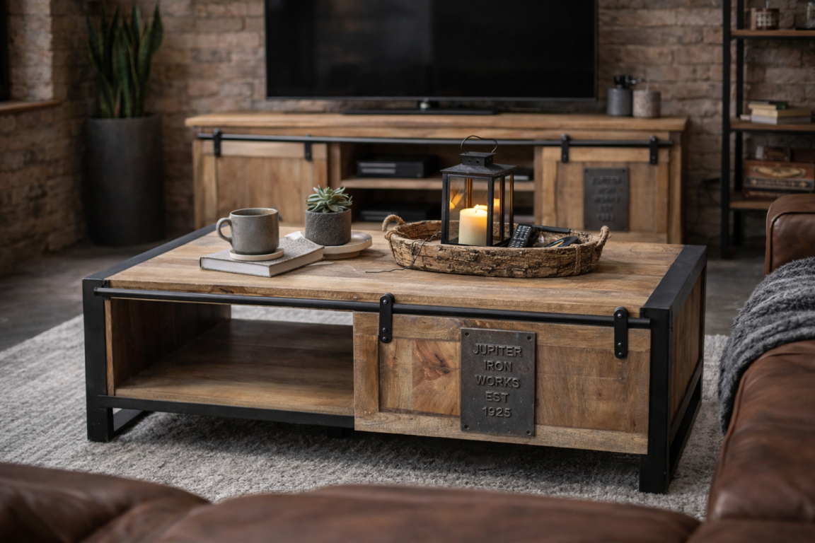 Industrial Coffee Table With Sliding Door