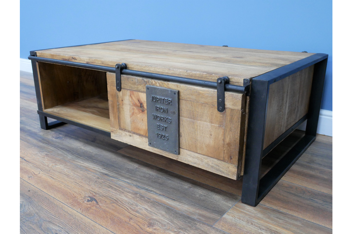 Industrial Coffee Table With Sliding Door