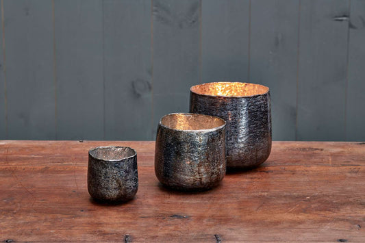 Set of 3 rustic charcoal-coloured t-light candle holders; small, medium and large