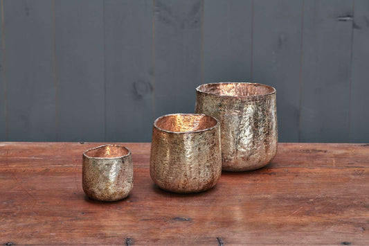Set of 3 rustic gold t-light candle holders; small, medium and large