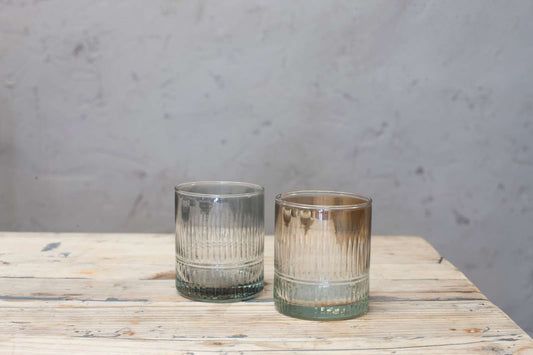 Etched-glass tumblers in 2 colours; smoke and aged gold