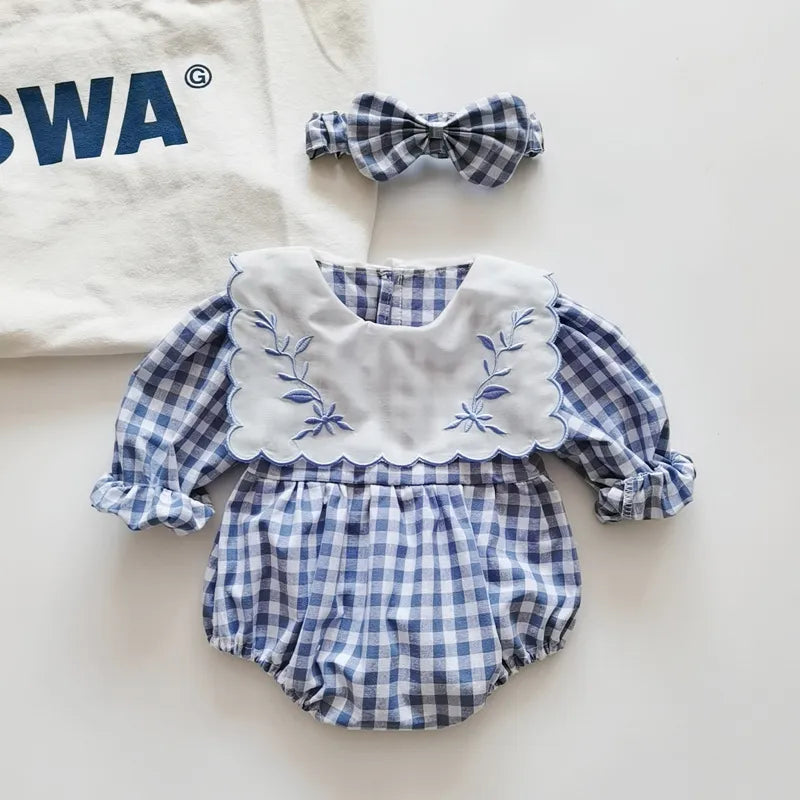 Blue & White Gingham Romper, With Bow Headband