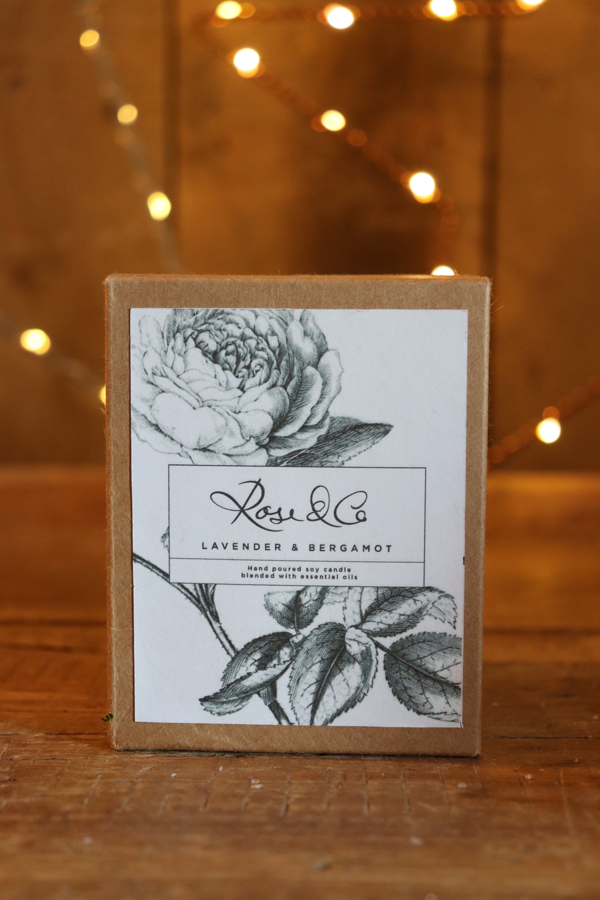 Rose & Co lavender and bergamot soy-wax candle with essential oils boxed