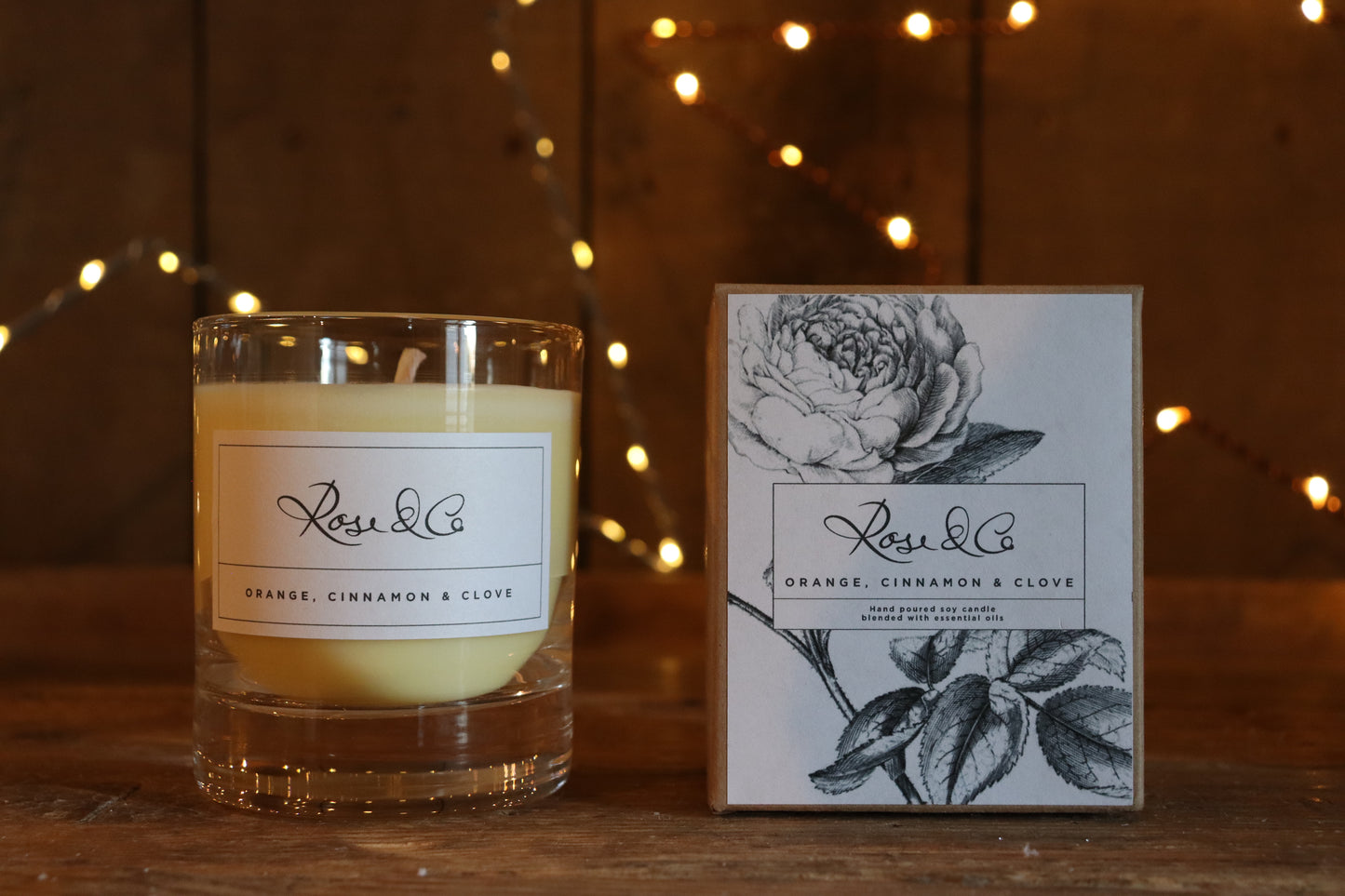 Rose & Co Orange, Cinnamon & Clove soy-wax, glass candle with essential oils