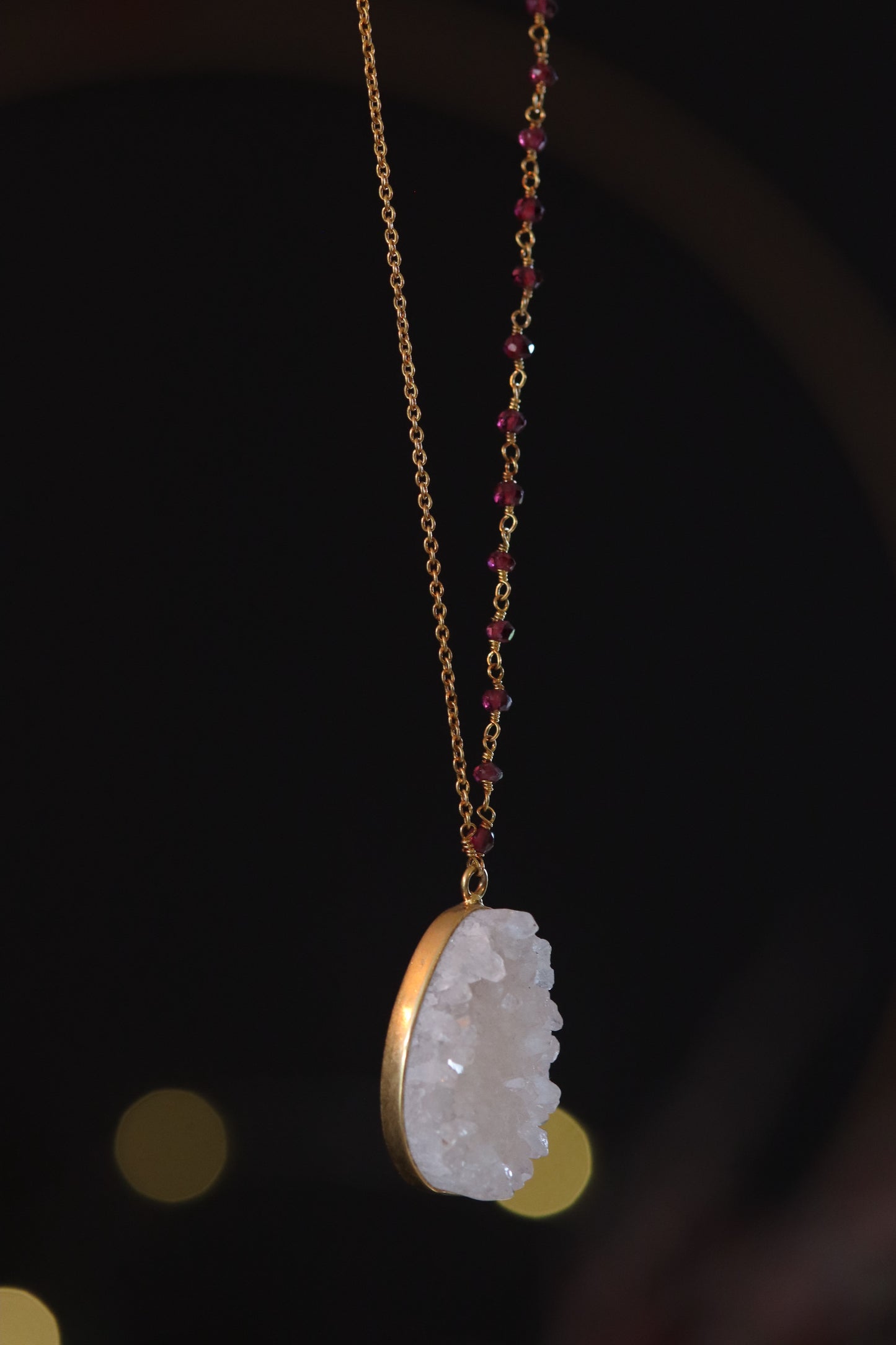 Gold-plated Druzy Necklace with red garnets on the chain