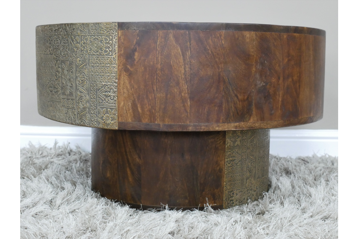 Round Mango Wood Coffee Table With Brass Detail
