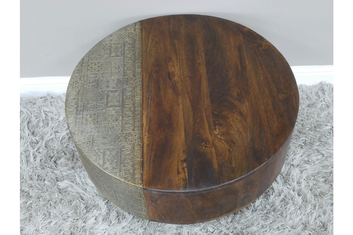 Round Mango Wood Coffee Table With Brass Detail