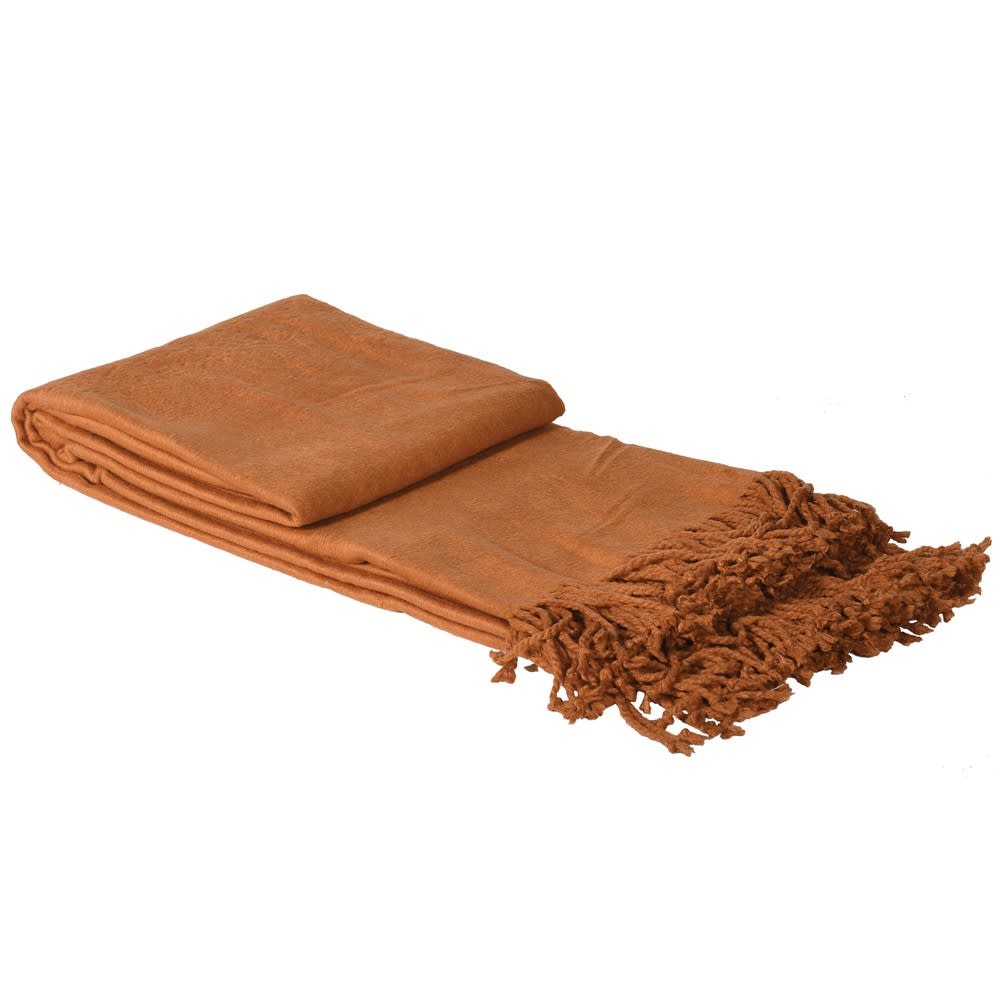 burnt orange bamboo throw with tassels on a white background.