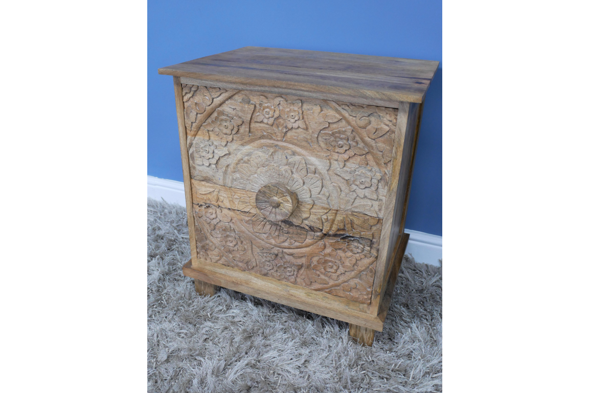 Carved Mango Wood Bedside Table With Drawers
