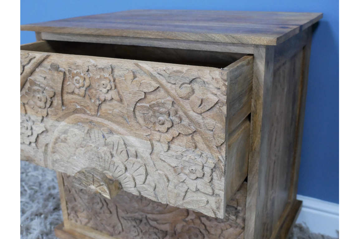 Carved Mango Wood Bedside Table With Drawers