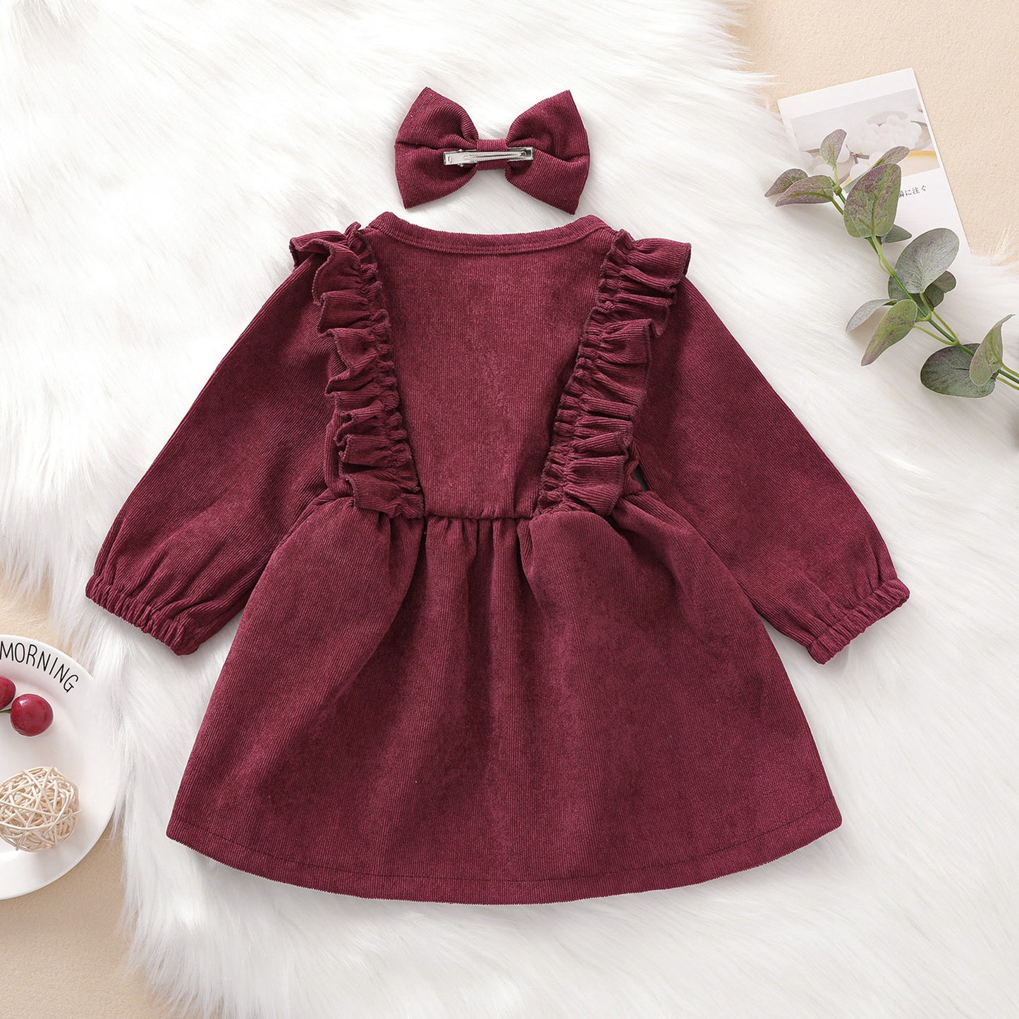 Cord Dress With Bow Set