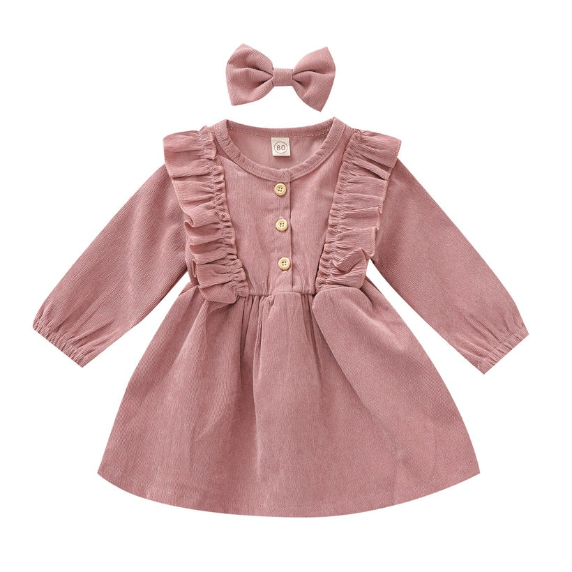 Cord Dress With Bow Set