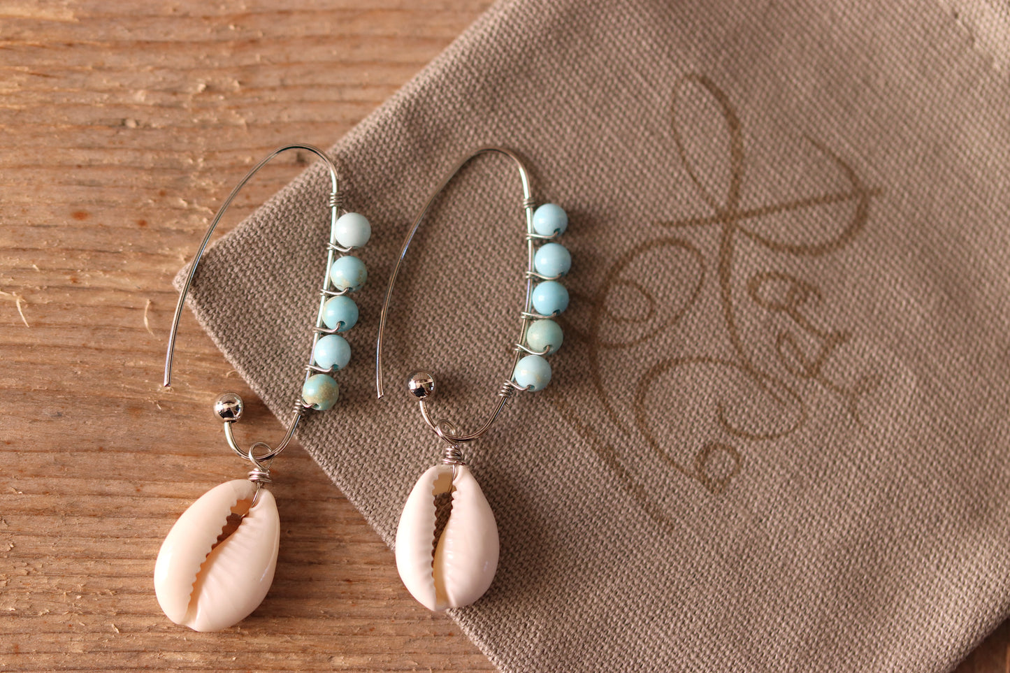 Silver Cowrie Earrings With Natural Turquoise beads