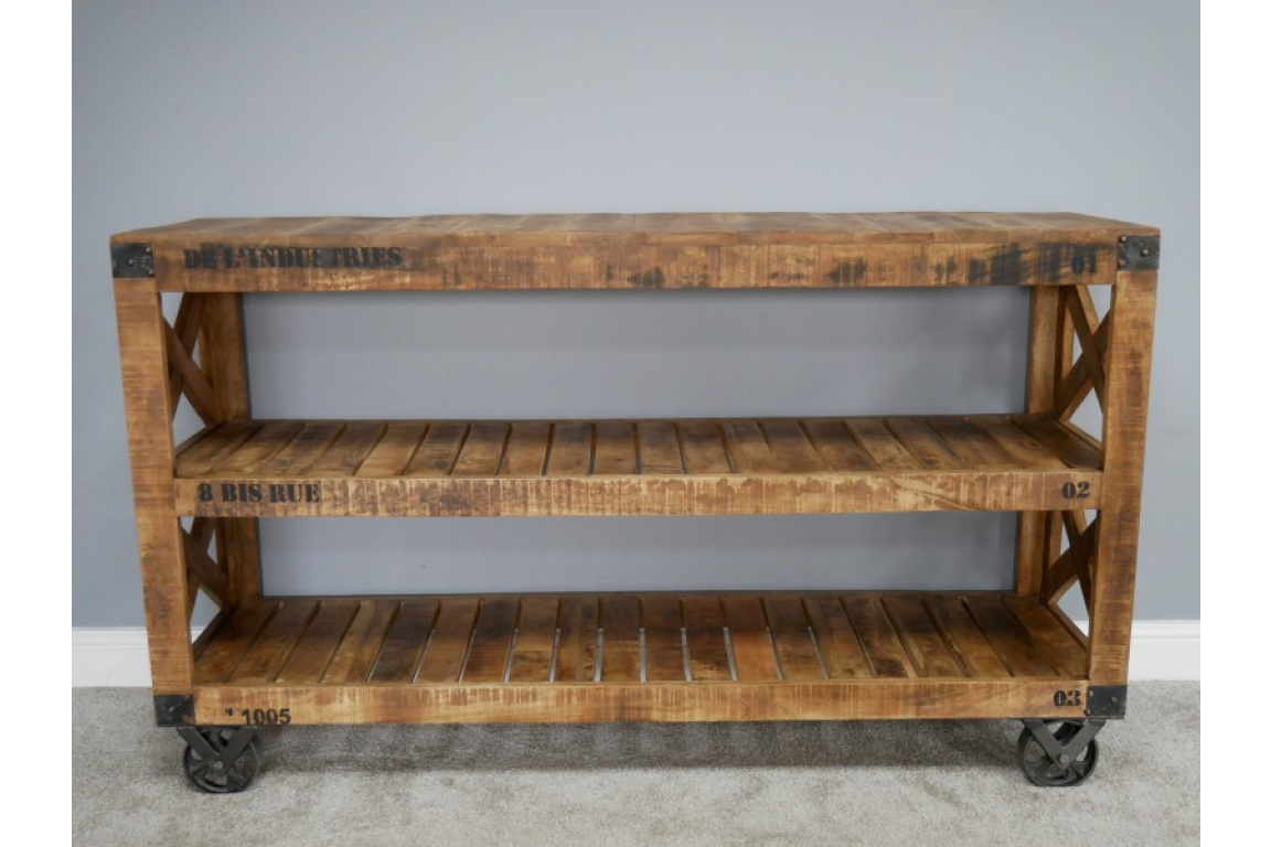 Industrial Mango Wood Sideboard on Wheels